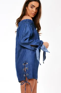 Rebellious Fashion Dark Blue Denim Bardot Mini Dress - Elisha