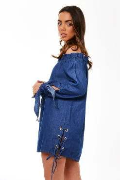 Rebellious Fashion Dark Blue Denim Bardot Mini Dress - Elisha