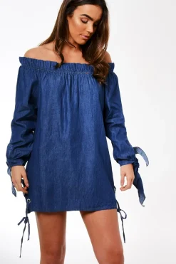 Rebellious Fashion Dark Blue Denim Bardot Mini Dress - Elisha