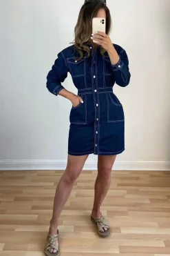 Rebellious Fashion Dark Blue Long Sleeve Denim Mini Dress - Connie