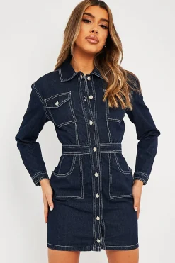 Rebellious Fashion Dark Blue Long Sleeve Denim Mini Dress - Connie