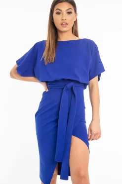 Rebellious Fashion Dark Blue Tie Waist Front Split Batwing Dress - Ranessa