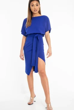 Rebellious Fashion Dark Blue Tie Waist Front Split Batwing Dress - Ranessa