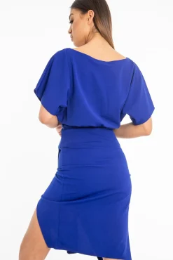 Rebellious Fashion Dark Blue Tie Waist Front Split Batwing Dress - Ranessa