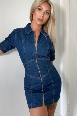 Rebellious Fashion Dark Blue Zip Front Collar Denim Mini Dress - Esabella