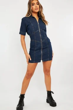 Rebellious Fashion Dark Blue Zip Front Collar Denim Mini Dress - Esabella