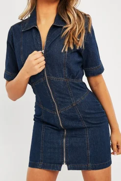 Rebellious Fashion Dark Blue Zip Front Collar Denim Mini Dress - Esabella