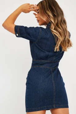 Rebellious Fashion Dark Blue Zip Front Collar Denim Mini Dress - Esabella