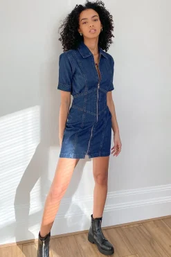Rebellious Fashion Dark Blue Zip Front Collar Denim Mini Dress - Esabella