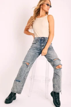 Rebellious Fashion Dark Blue Acid Wash Distressed Mom Jeans - Becca