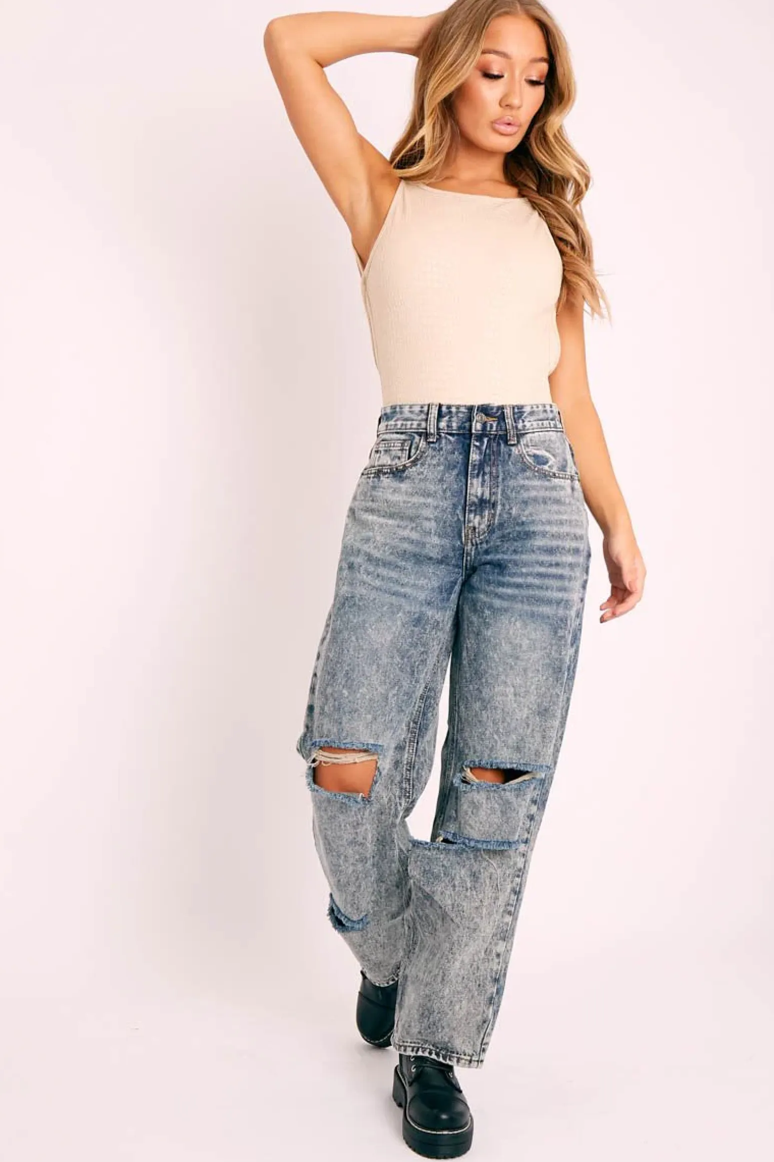 Rebellious Fashion Dark Blue Acid Wash Distressed Mom Jeans - Becca