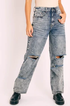 Rebellious Fashion Dark Blue Acid Wash Distressed Mom Jeans - Becca
