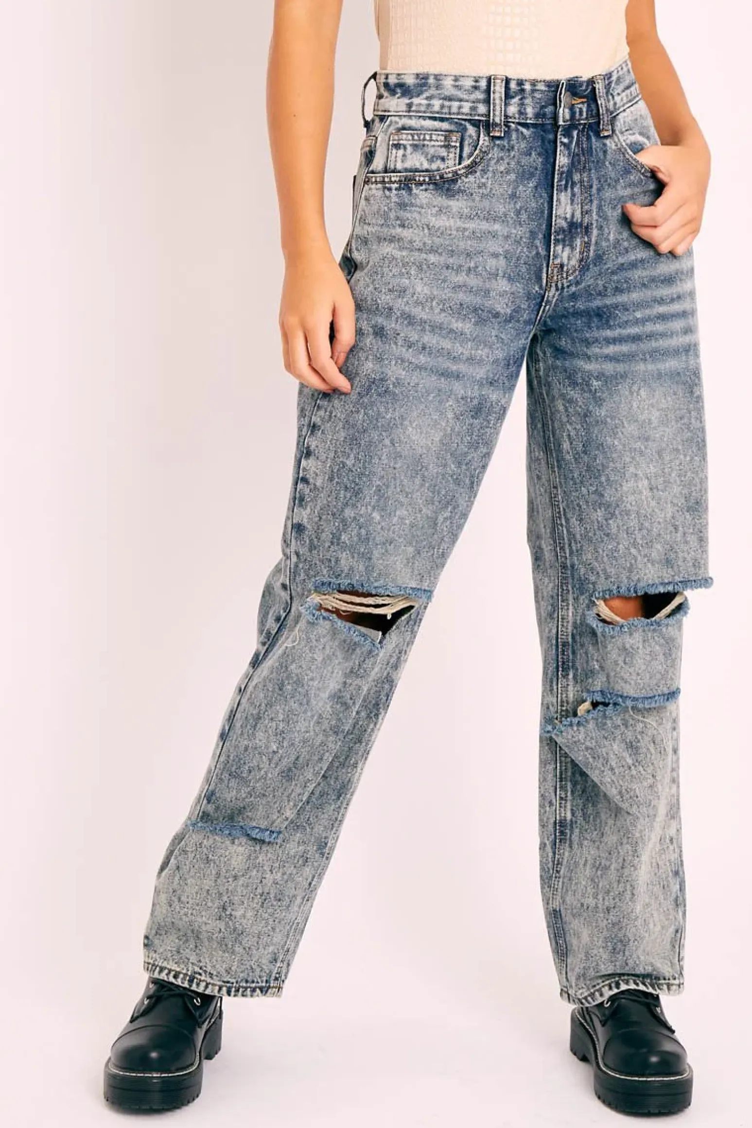 Rebellious Fashion Dark Blue Acid Wash Distressed Mom Jeans - Becca