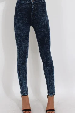 Rebellious Fashion Dark Blue Acid Wash High Waisted Jeans - Janice