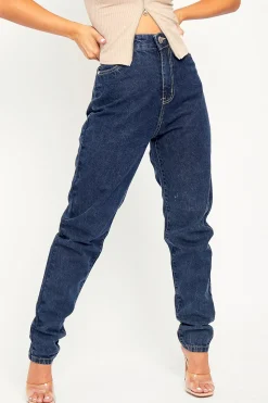 Rebellious Fashion Dark Blue Acid Wash Mom Jeans - Demiya