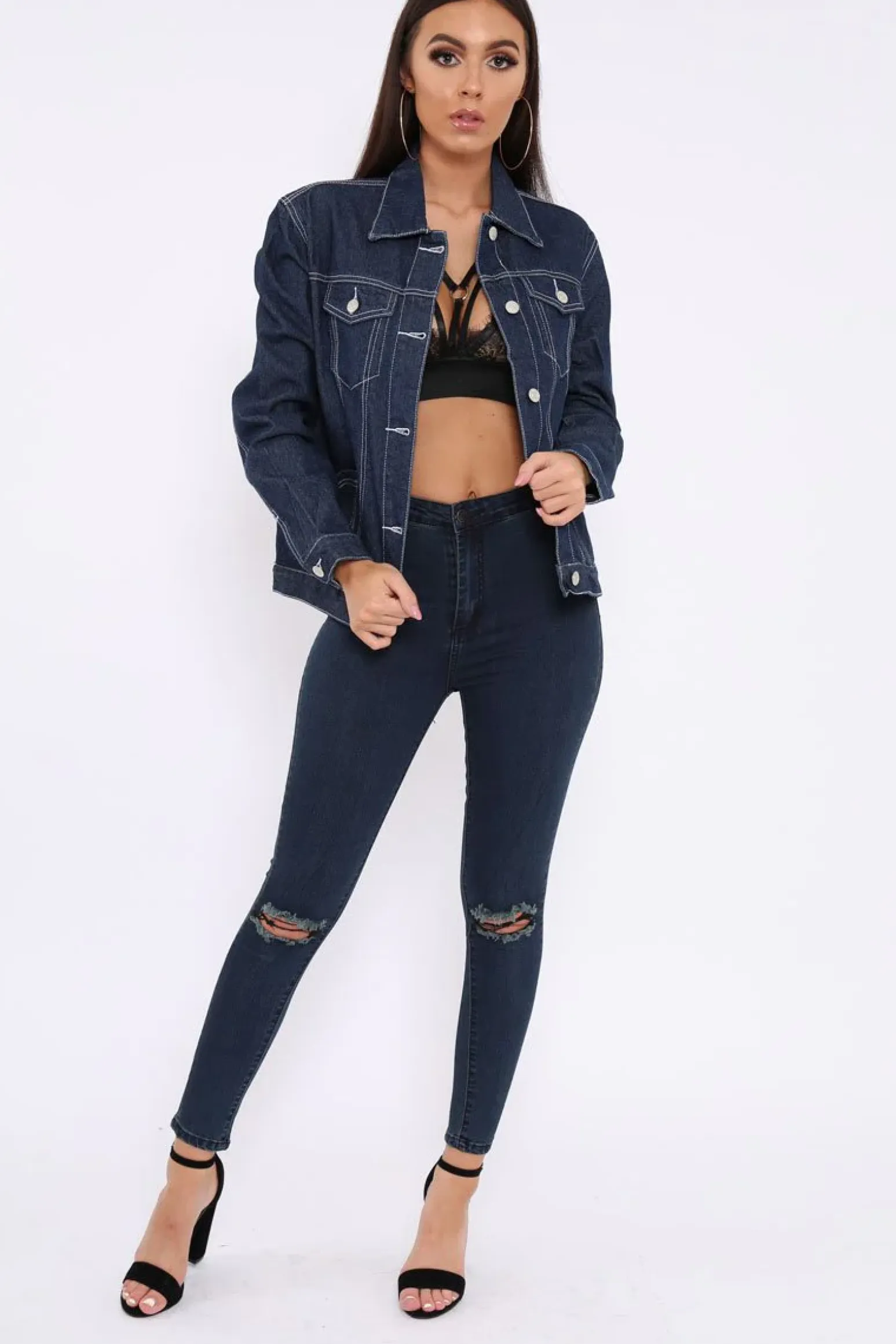 Rebellious Fashion Dark Blue Contrast Stitch Denim Jacket -Cristina
