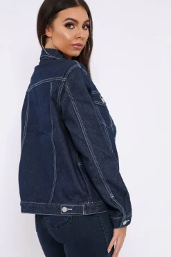 Rebellious Fashion Dark Blue Contrast Stitch Denim Jacket -Cristina