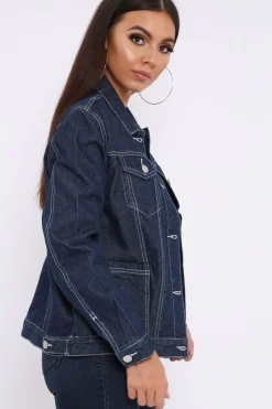 Rebellious Fashion Dark Blue Contrast Stitch Denim Jacket -Cristina