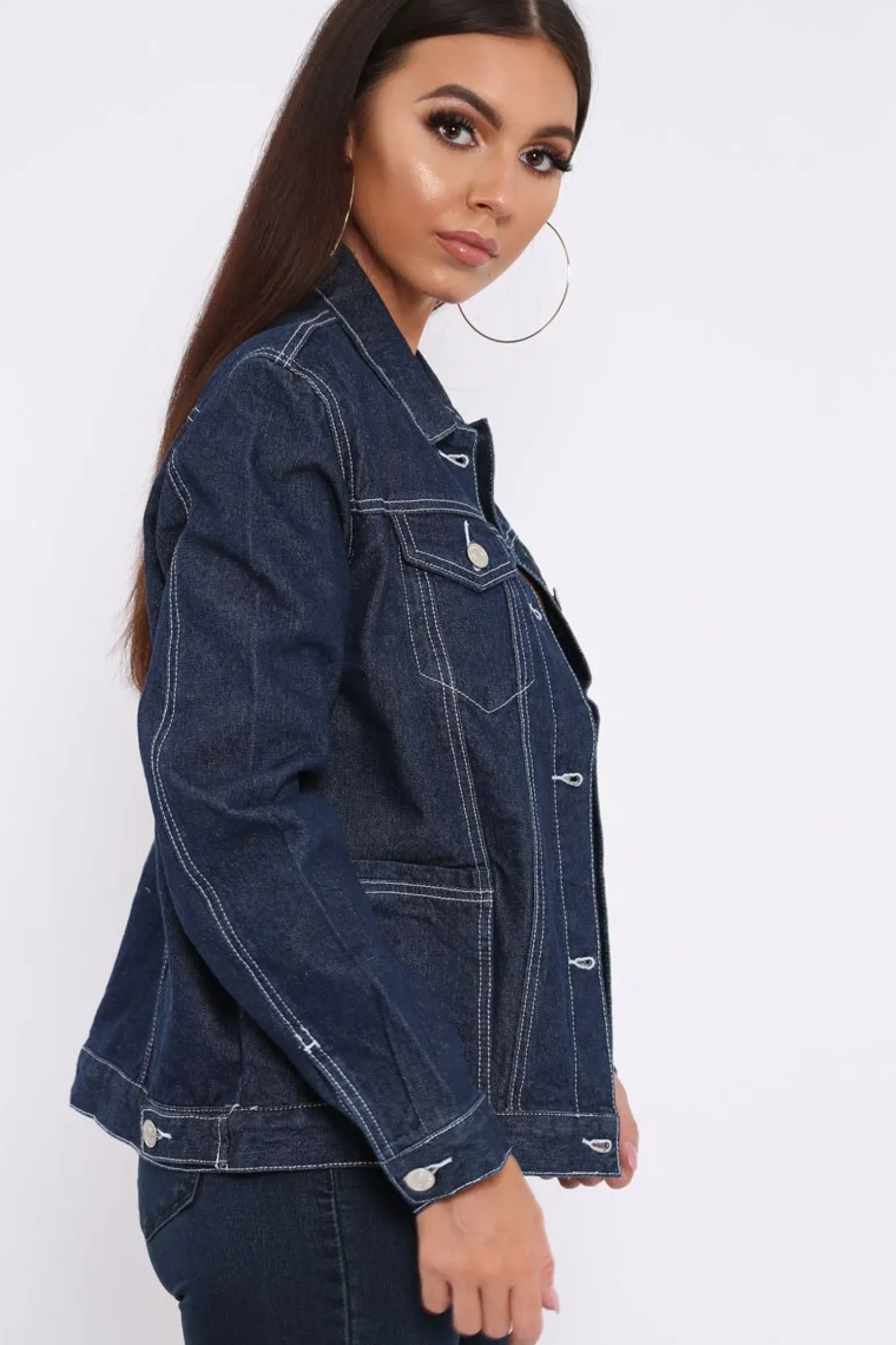 Rebellious Fashion Dark Blue Contrast Stitch Denim Jacket -Cristina