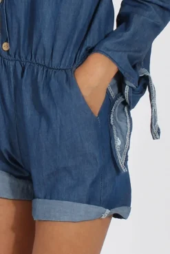 Rebellious Fashion Dark Blue Denim Bardot Denim Playsuit - Angelica
