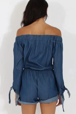 Rebellious Fashion Dark Blue Denim Bardot Denim Playsuit - Angelica
