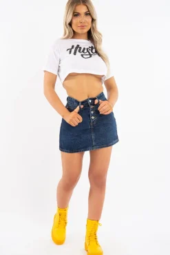 Rebellious Fashion Dark Blue Denim Button Fly Skirt - Flossie