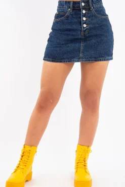 Rebellious Fashion Dark Blue Denim Button Fly Skirt - Flossie
