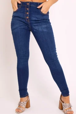 Rebellious Fashion Dark Blue Denim Button Up Skinny Jeans - Ryla
