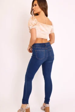 Rebellious Fashion Dark Blue Denim Button Up Skinny Jeans - Ryla
