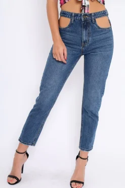 Rebellious Fashion Dark Blue Denim Cut Out Pocket Boyfriend Jeans - Jaime