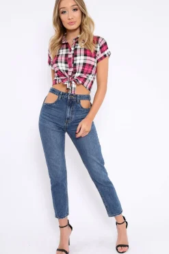 Rebellious Fashion Dark Blue Denim Cut Out Pocket Boyfriend Jeans - Jaime