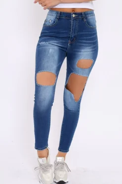 Rebellious Fashion Dark Blue Denim Extreme Rip Skinny Jeans - Saint
