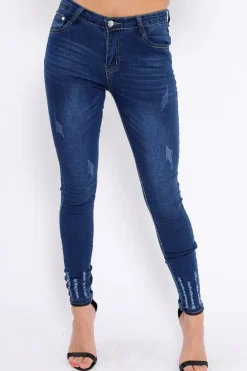 Rebellious Fashion Dark Blue Denim Frayed Skinny Jeans - Alma