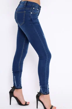 Rebellious Fashion Dark Blue Denim Frayed Skinny Jeans - Alma