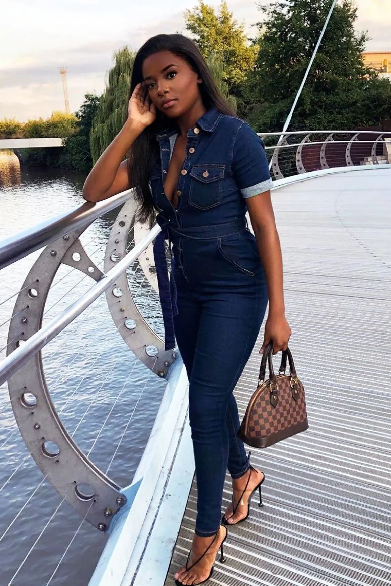 Rebellious Fashion Dark Blue Denim Short Sleeve Button Up Belted Waist Boilersuit - Stevie
