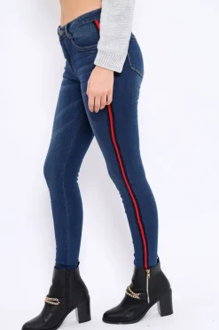 Rebellious Fashion Dark Blue Denim Skinny Jeans with Side Stripes - Hana