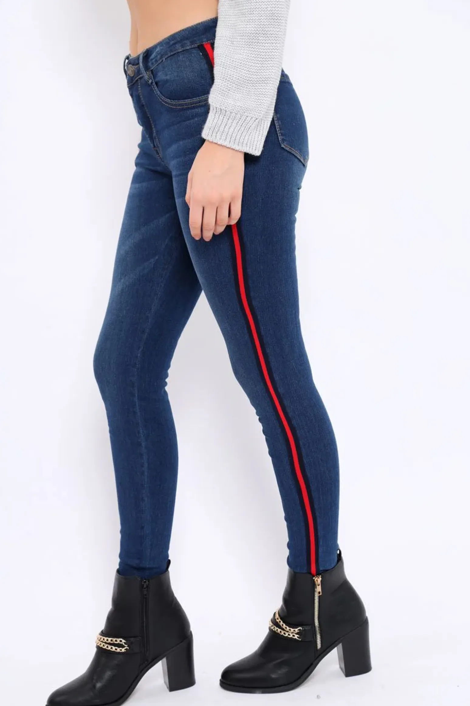 Rebellious Fashion Dark Blue Denim Skinny Jeans with Side Stripes - Hana