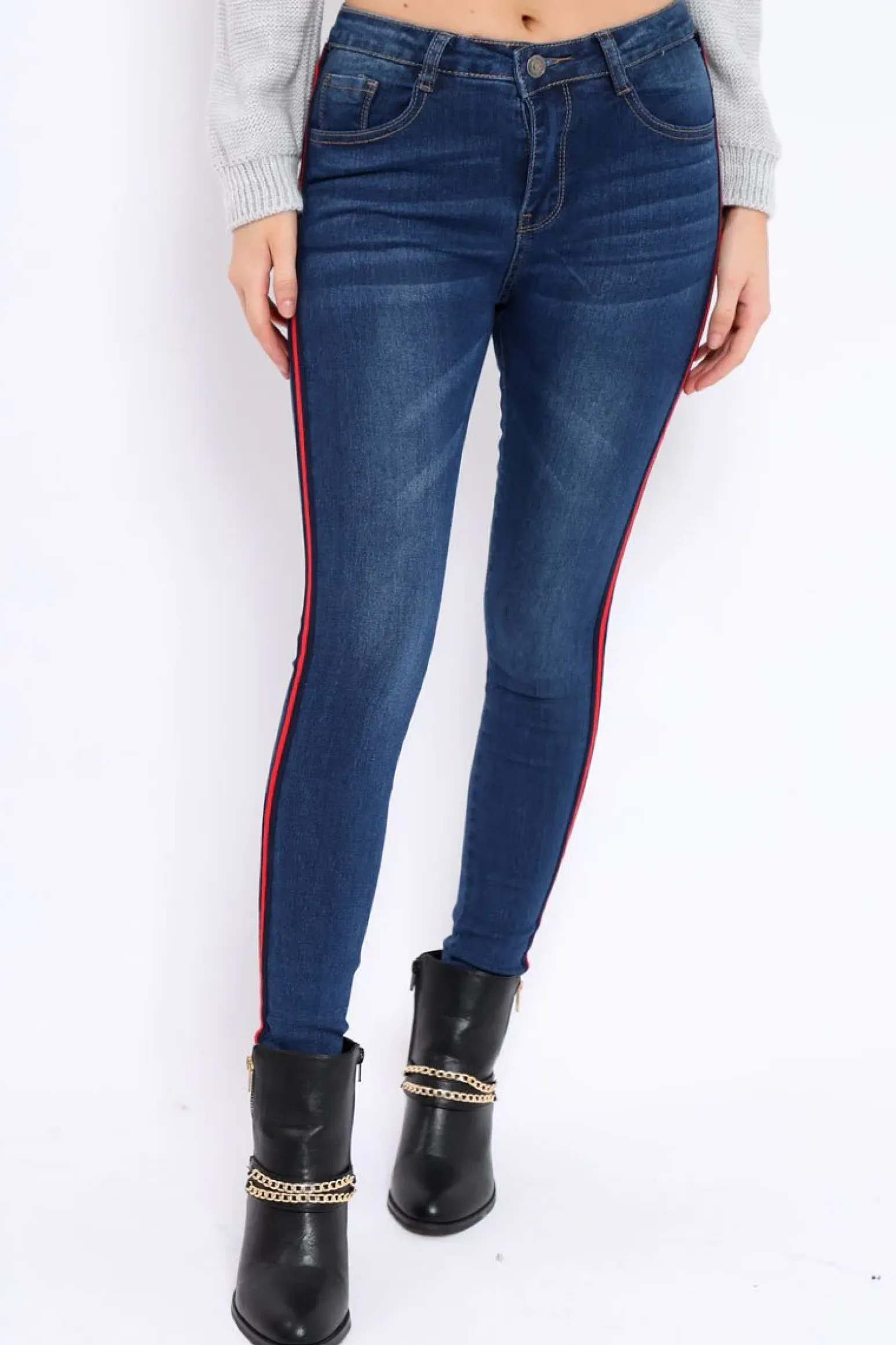Rebellious Fashion Dark Blue Denim Skinny Jeans with Side Stripes - Hana