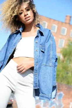 Rebellious Fashion Dark Blue Dip Hem Denim Shirt - Abella