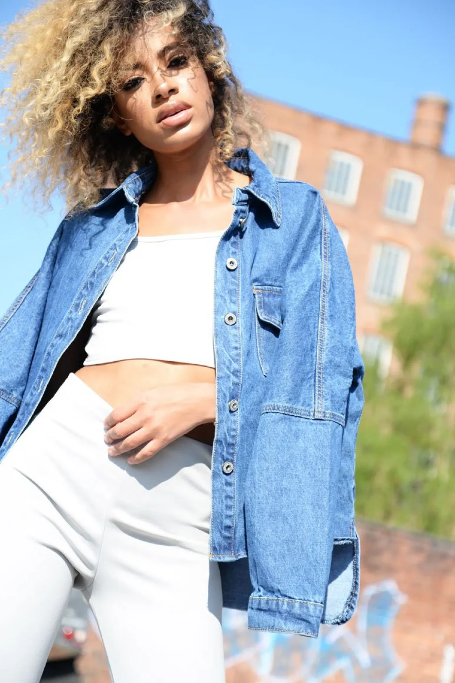 Rebellious Fashion Dark Blue Dip Hem Denim Shirt - Abella