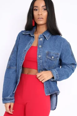 Rebellious Fashion Dark Blue Dip Hem Denim Shirt - Abella