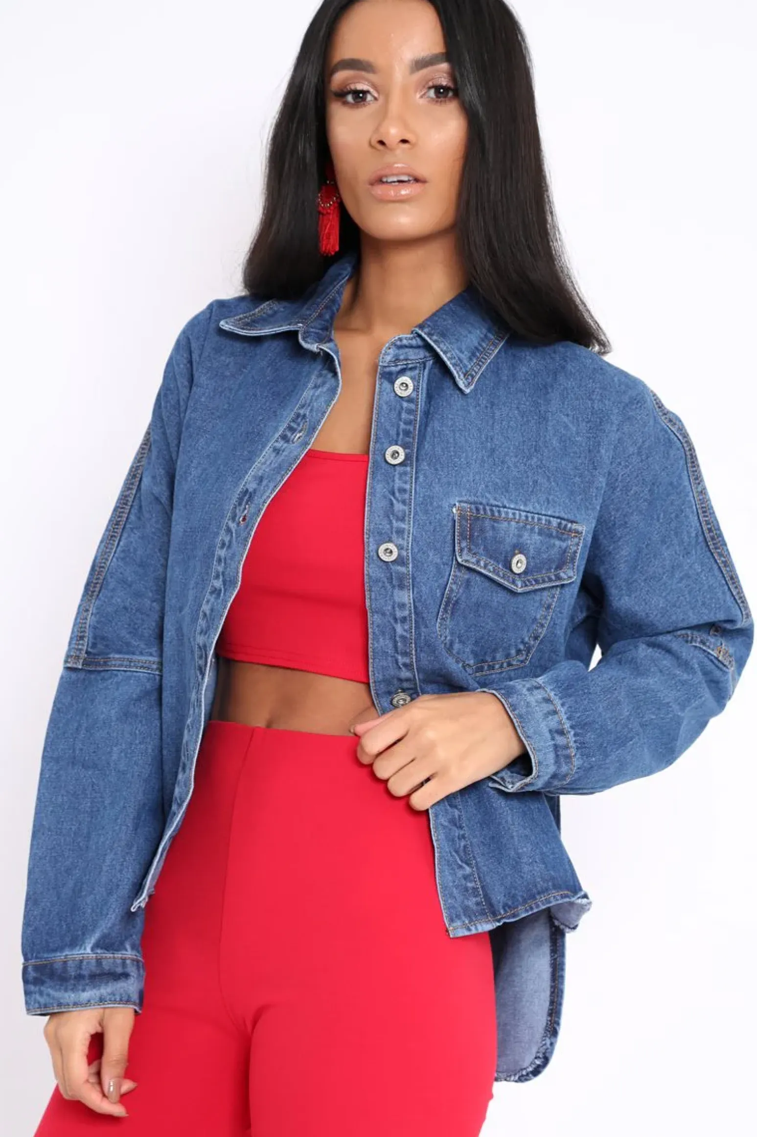 Rebellious Fashion Dark Blue Dip Hem Denim Shirt - Abella