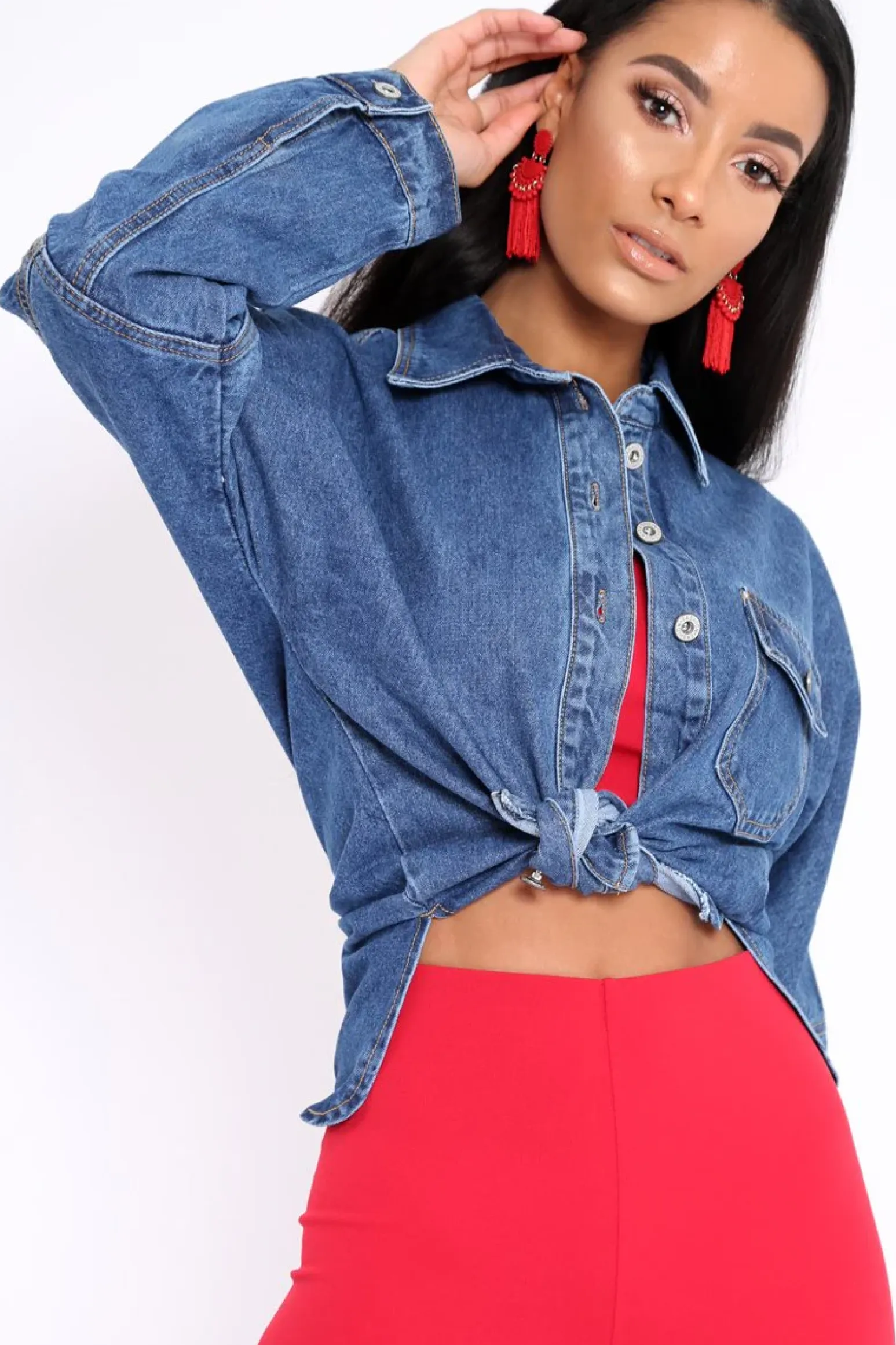 Rebellious Fashion Dark Blue Dip Hem Denim Shirt - Abella