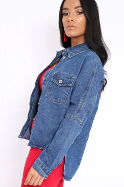 Rebellious Fashion Dark Blue Dip Hem Denim Shirt - Abella
