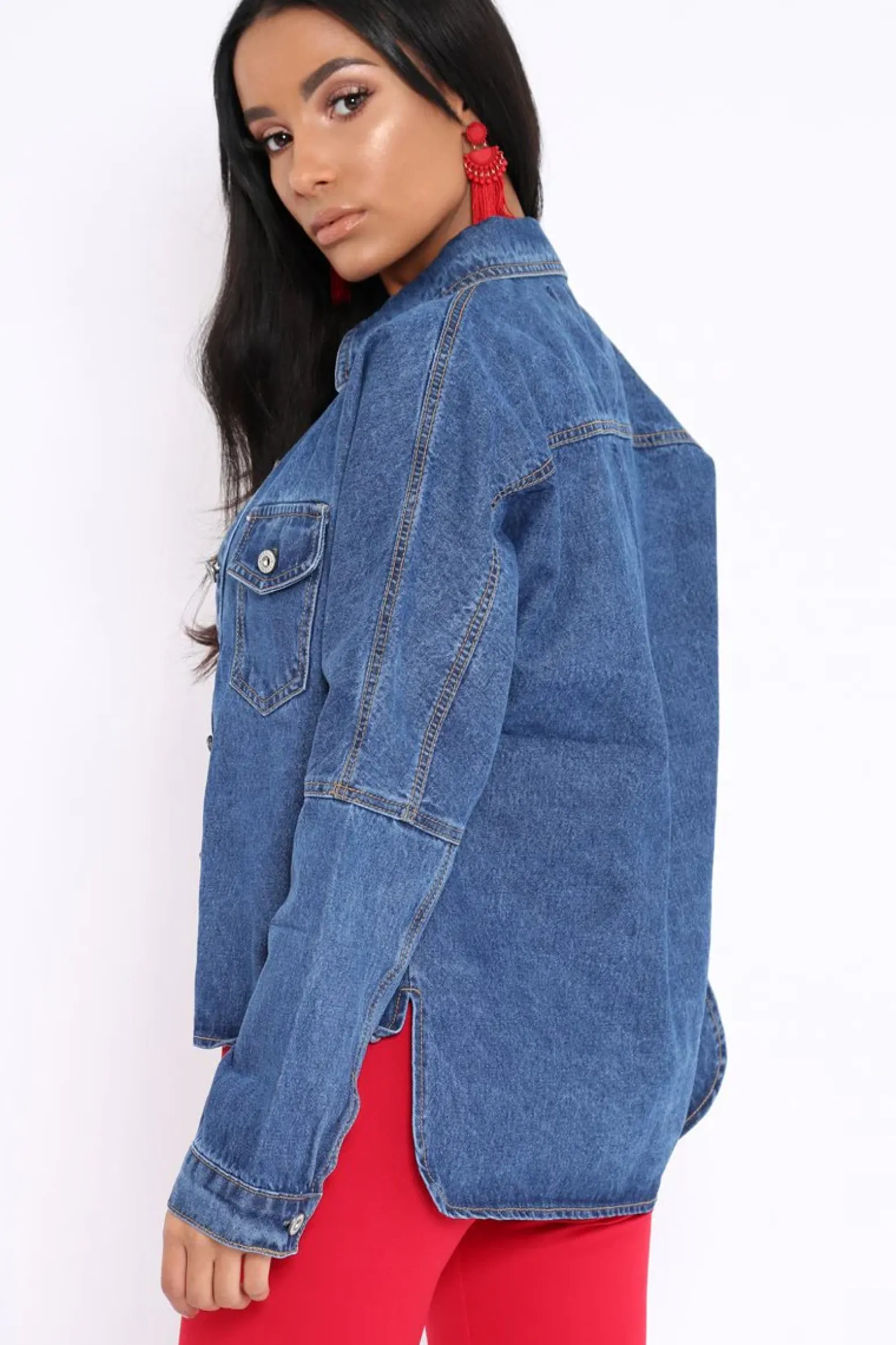 Rebellious Fashion Dark Blue Dip Hem Denim Shirt - Abella