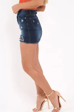 Rebellious Fashion Dark Blue Distressed Denim Skirt - Mandie