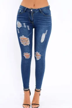 Rebellious Fashion Dark Blue Distressed Jeans - Macy
