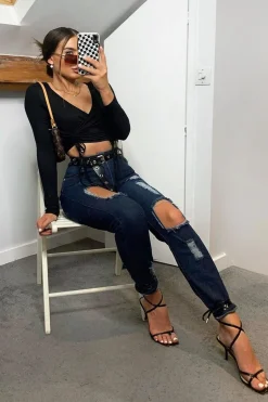 Rebellious Fashion Dark Blue Distressed Leg Mom Fit Jeans - Calina