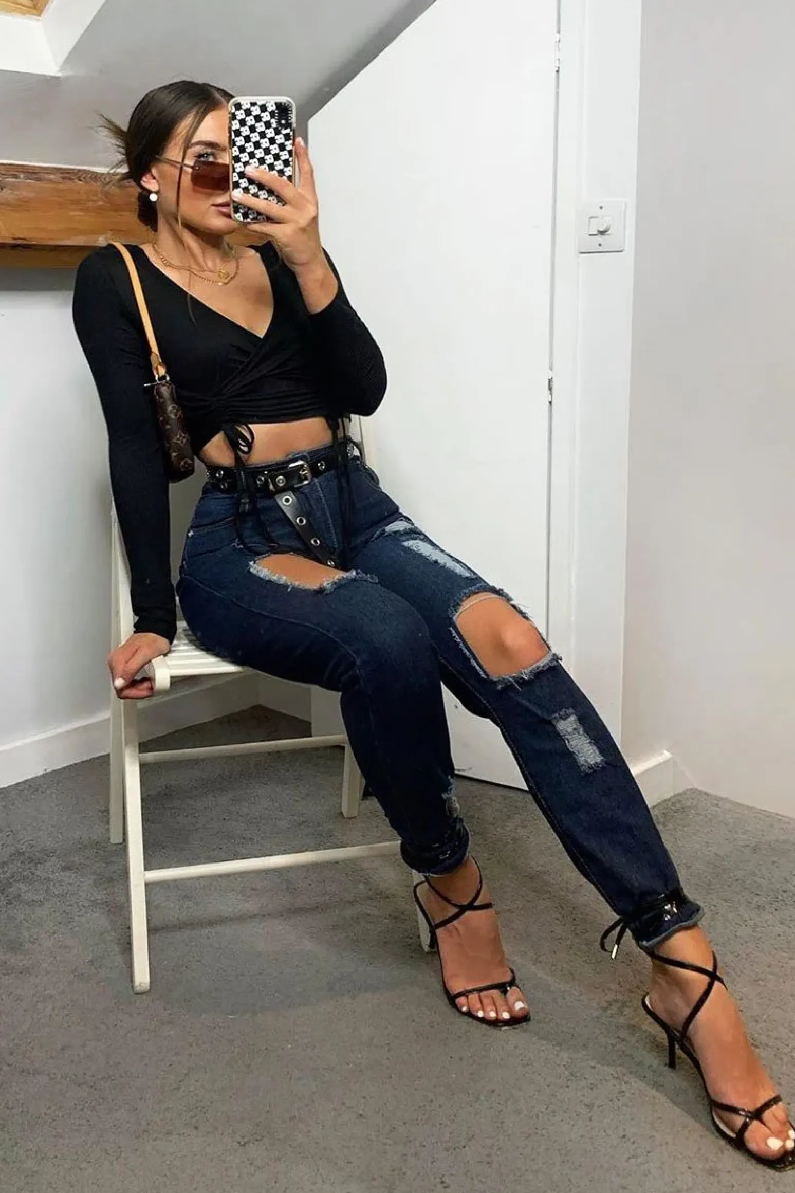 Rebellious Fashion Dark Blue Distressed Leg Mom Fit Jeans - Calina