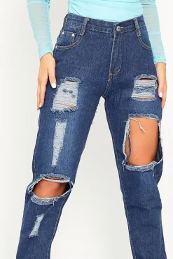 Rebellious Fashion Dark Blue Distressed Leg Mom Fit Jeans - Calina